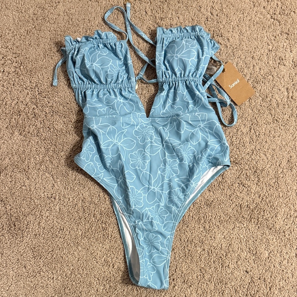 Blue Floral Women Swim One Piece